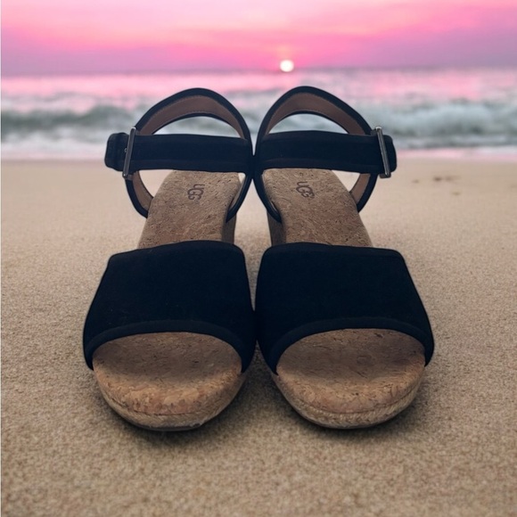 UGG Maybell Suede Black Wedge Sandals Adjustable Ankle Strap. Great Condition - Picture 2 of 7